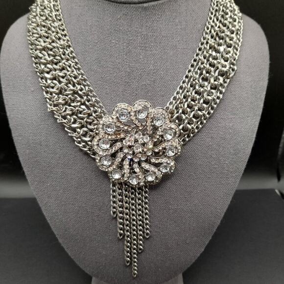 Formal Rhinestone Floral Pendant Necklace, Layered Silver Tone Chain, 16 Inches - Picture 2 of 9
